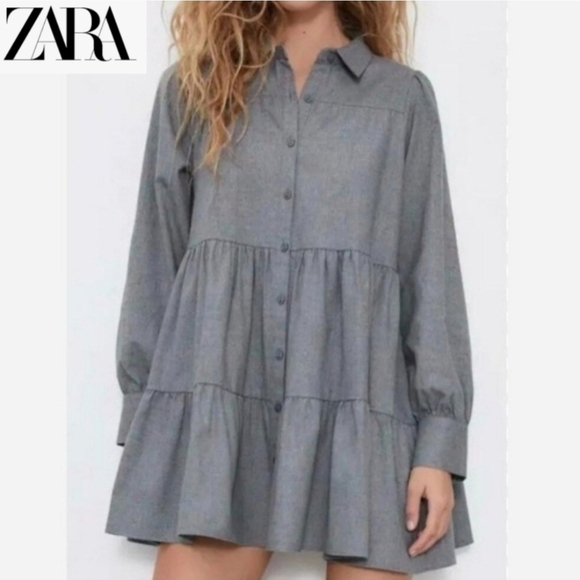 🇪🇦 Zara Grey Tiered Mini Shirt Dress - Picture 1 of 16